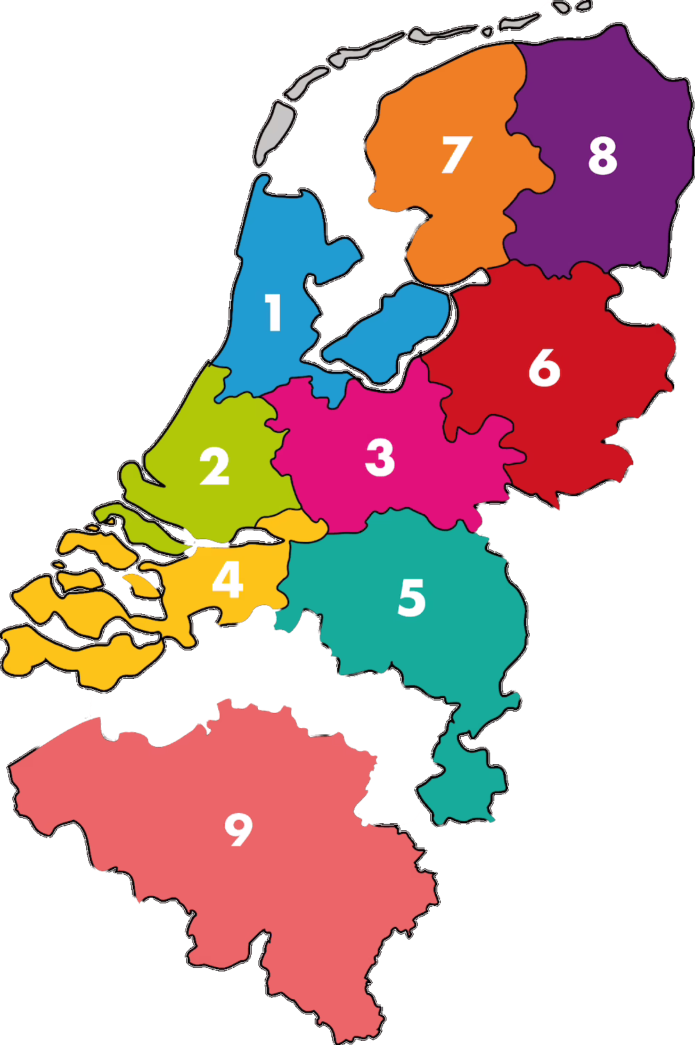 Kaart met postcodegebieden voor bezorging door ForaVida