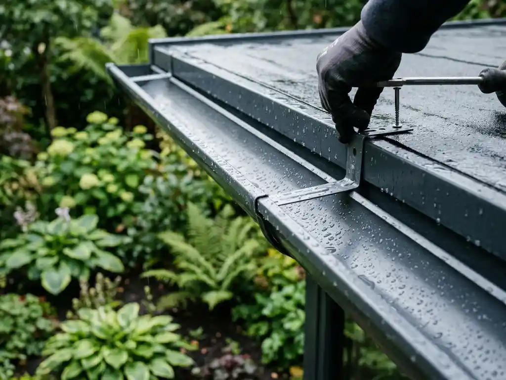 Aluminium regengoot bevestigd op het dak van een moderne tuinkamer, met regendruppels op het grijze metaaloppervlak en weelderig groen op de achtergrond.