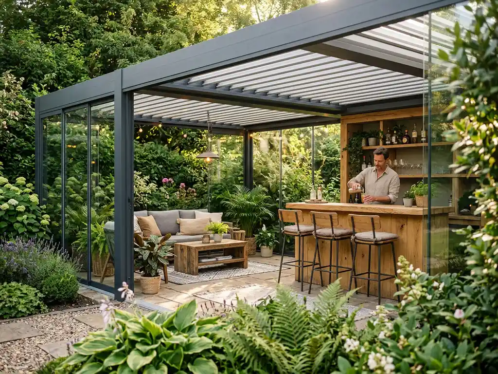 Aluminium pergola met glazen schuifwanden en ingebouwde buitenbar met houten blad en barkrukken, omgeven door weelderige groene tuin.