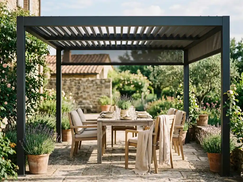 Aluminium pergola met teakhouten eettafel en gekussende stoelen op een stenen terras, zachte middagzon filtert door het luifel.