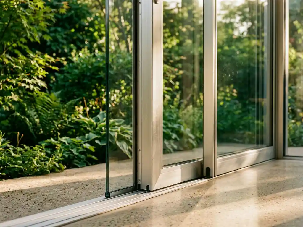 Aluminium schuifpui met vloer-tot-plafond glas in zonnige tuinkamer, gouden middaglicht op gepolijste betonvloer en weelderig groen.