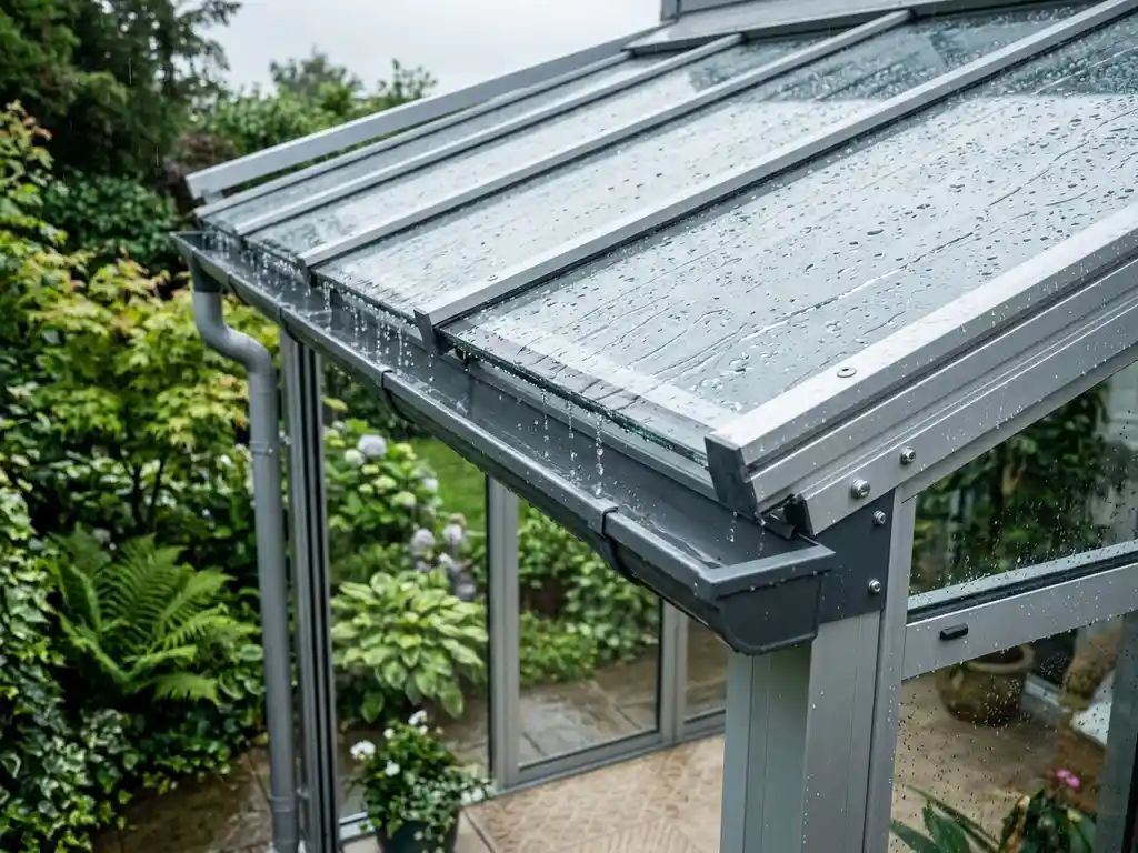 Regendruppels die van glazen panelen van een aluminium veranda-overkapping afrollen, met een groene tuin zichtbaar onder het droge beschutte gedeelte.