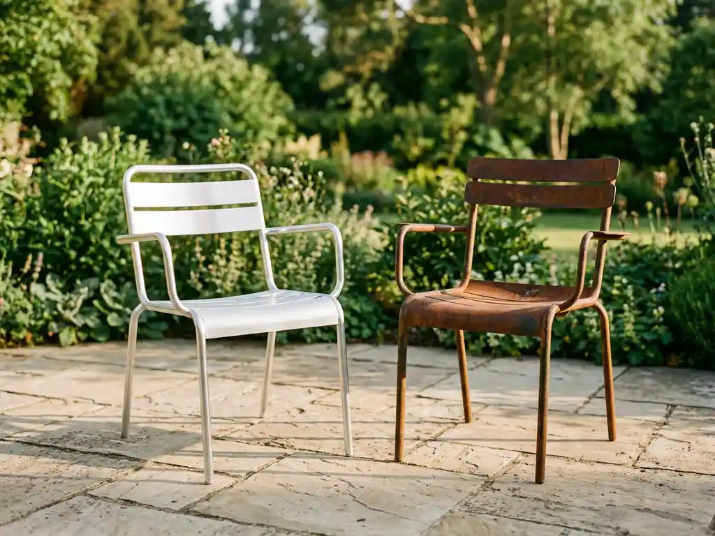 Geborsteld aluminium tuinstoel naast verweerde stalen stoel met roestsporen op een zonnig stenen terras, weelderige tuin op de achtergrond.