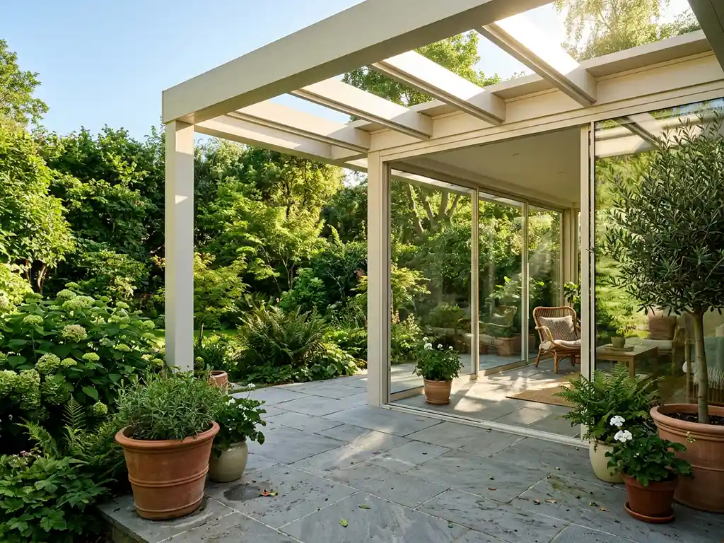 Aluminium terrasoverkapping met glazen schuifwanden boven een stenen terras, omgeven door weelderig groen en warme middagzon.