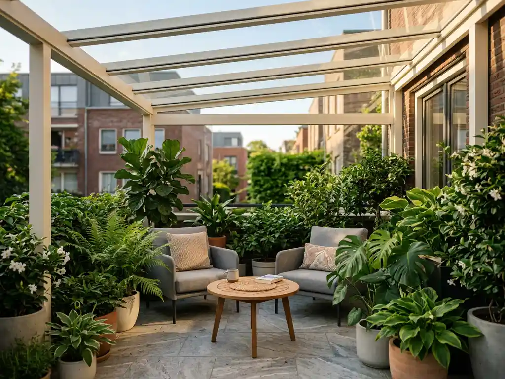 Aluminium terrasoverkapping met glazen dak boven stedelijke tuin, weelderige potplanten en strakke tuinmeubelen in warm middaglicht.