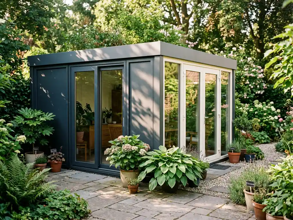 Vrijstaande tuinkamer in antraciet midden in de tuin