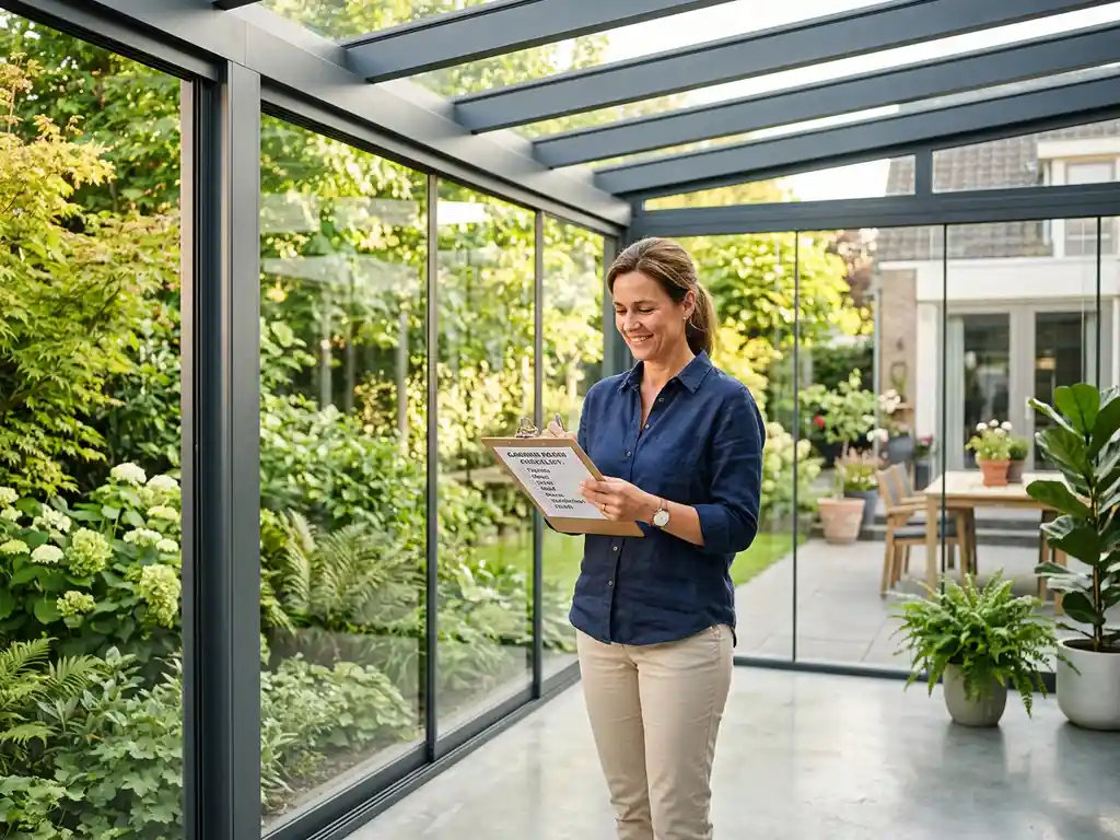Huiseigenaar met klembord in moderne aluminium tuinkamer met glazen schuifwanden en zicht op groene tuin.
