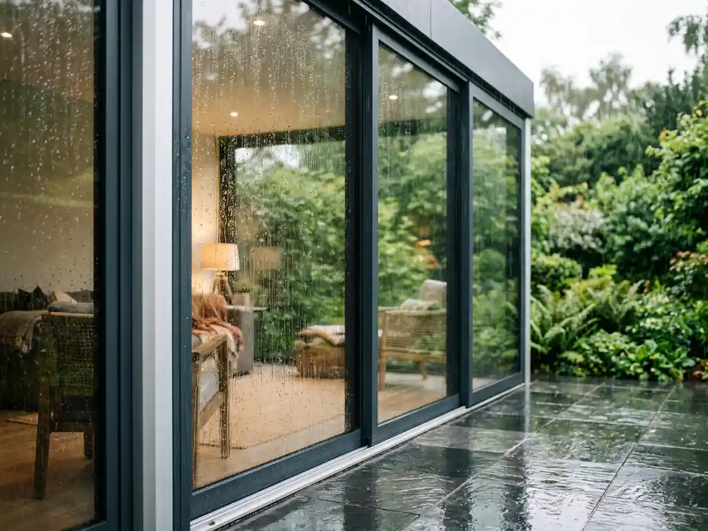 Aluminium tuinkamer met vloer-tot-plafond glasschuifpanelen in de regen, warm interieur, glinsterende terrastegels en weelderige tuin op de achtergrond.