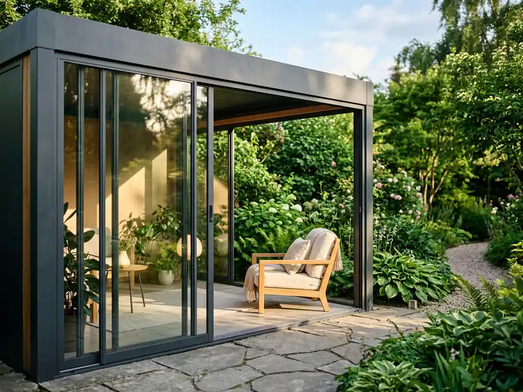 Aluminium tuinkamer met glazen schuifpanelen, houten loungestoel op natuurstenen patio, omgeven door weelderig groen in middagzon.