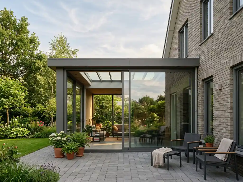 Aluminium tuinkamer aan huis met glazen schuifwanden, bevestigd aan de gevel via side-beam