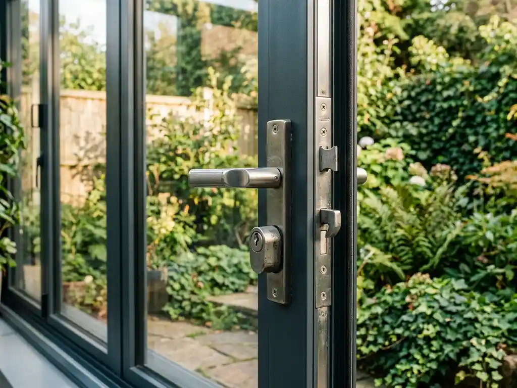 Robuust meerpuntsvergrendelingsmechanisme op aluminium tuinkamer met glazen schuifpanelen en groene tuin op achtergrond.