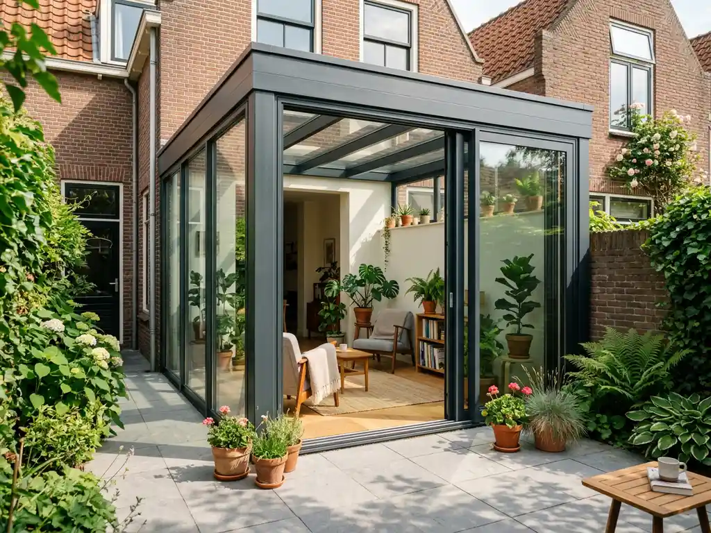 Aluminium glazen tuinkamer aanbouw aan smalle Nederlandse rijtjeswoning met vloer-tot-plafond schuifpanelen, groene kamerplanten en warm middagzonlicht.