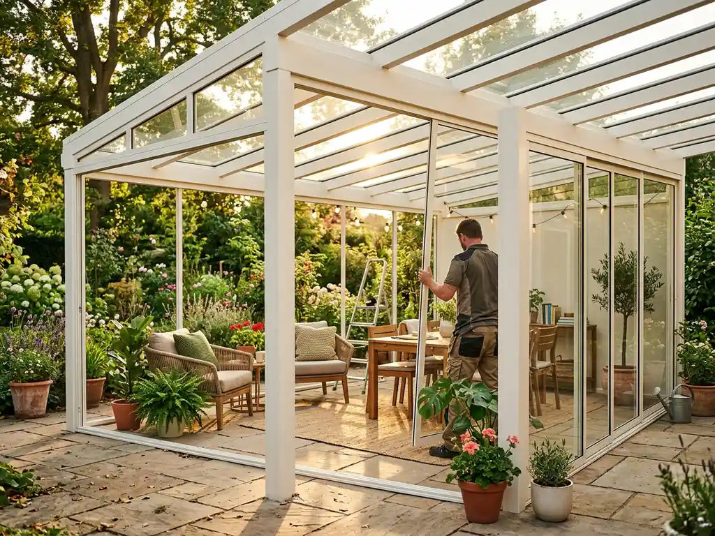 Aluminium terrasoverkapping in aanbouw met gedeeltelijk geplaatste glazen schuifpanelen, omgeven door weelderige tuin in warm middaglicht.