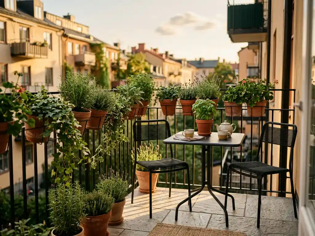 Klein balkon met bistrotafel en stoelen, omringd door kruiden en hangplanten in terracottakleuren, badend in warm middagzonlicht.