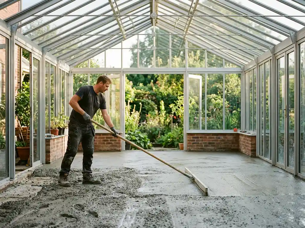 Verse betonvloer die wordt afgestreken met een langstelige schreed in een lichte glazen serre met aluminium kozijnen en groene tuin op de achtergrond.