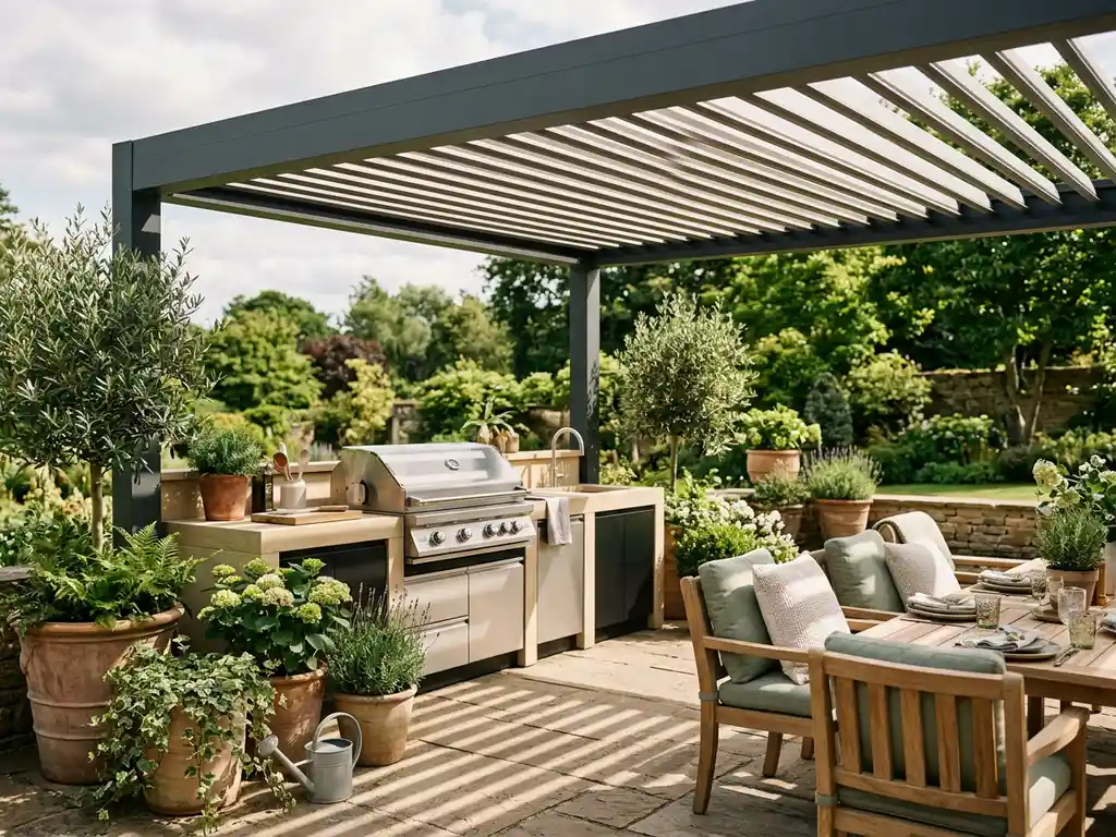 Buitenkeuken met stenen werkblad en ingebouwde grill onder aluminium pergola met lamellendak, omgeven door teakhouten tuinmeubelen en groen.