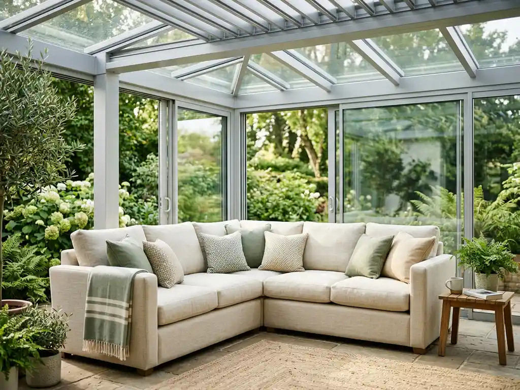 Linnen buitenbank met dikke kussens in een lichte glazen tuinkamer onder aluminium pergola, katoenen plaid over de armleuning.