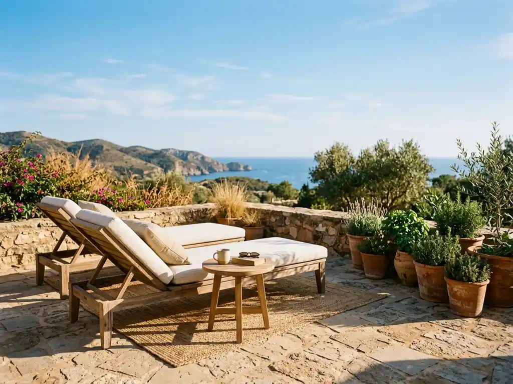 Weerbestendige teakhouten loungestoelen en bijzettafel op zonnig stenen terras met terracottapotten vol mediterrane kruiden.