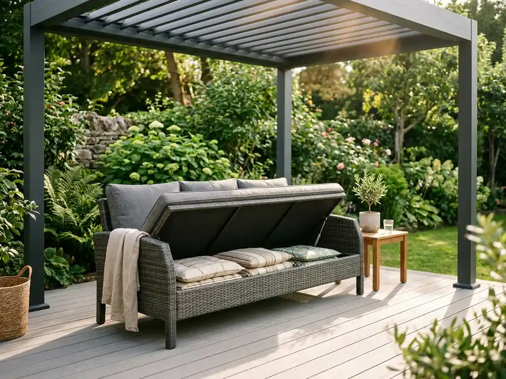 Tuinbank met opbergruimte vol gevouwen kussens, geplaatst op een lichtgrijs composiet terras onder een aluminium pergola met groene tuin op de achtergrond.