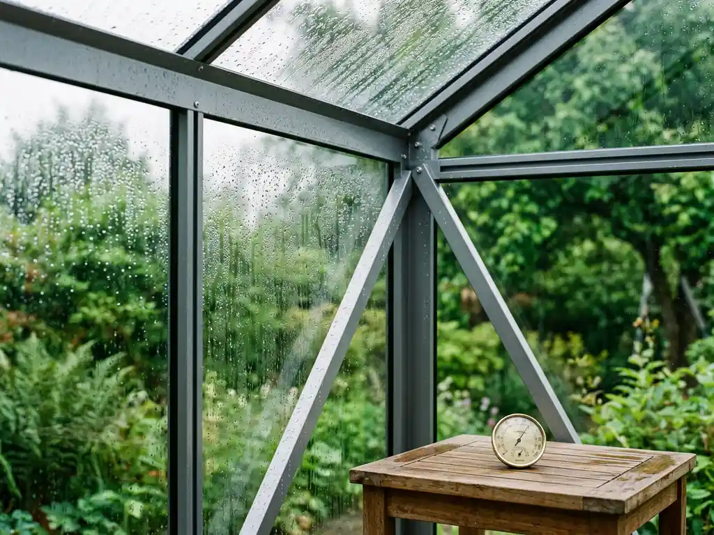 Condensdruppels op glazen wanden van aluminium pergola met hygrometer op houten tafel, groene tuin zichtbaar door beslagen glas.