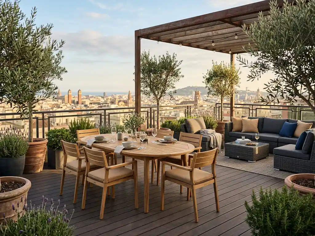 Stijlvol dakterras met teakhouten eetset en loungestoelen op composiet decking, omringd door olijfbomen en stadsgezicht in gouden middaglicht.
