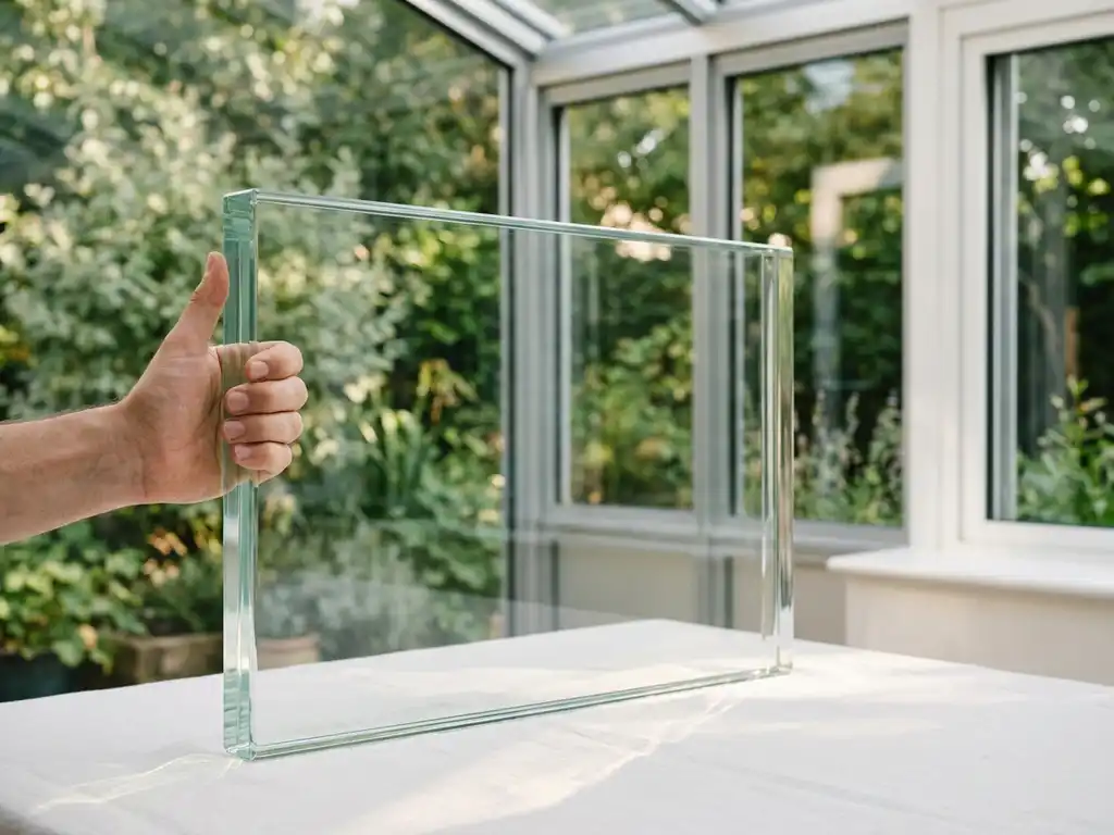 Dik glazen paneel op ooghoogte in een tuinkamer met aluminium kozijnen, zacht daglicht creëert lichtbrekingen op wit oppervlak.