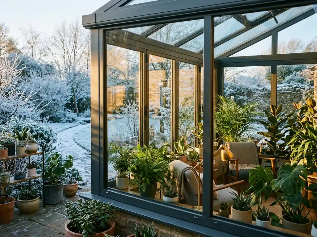 Geïsoleerde serre aanbouw met HR++ dubbelglas in de winter