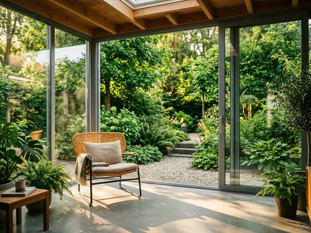 Moderne tuinkamer met aluminium kozijnen en vloerhoge glazen schuifpanelen, zonlicht op betonvloer en groene tuin op achtergrond.