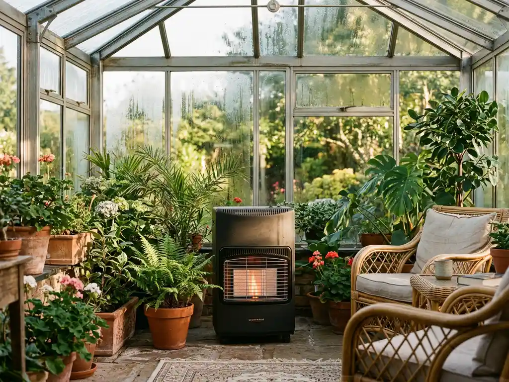 Gloeiende gaskachel in glazen serre met oranje vlam, omringd door kamerplanten en rieten meubels, condensatie op de glaswanden.