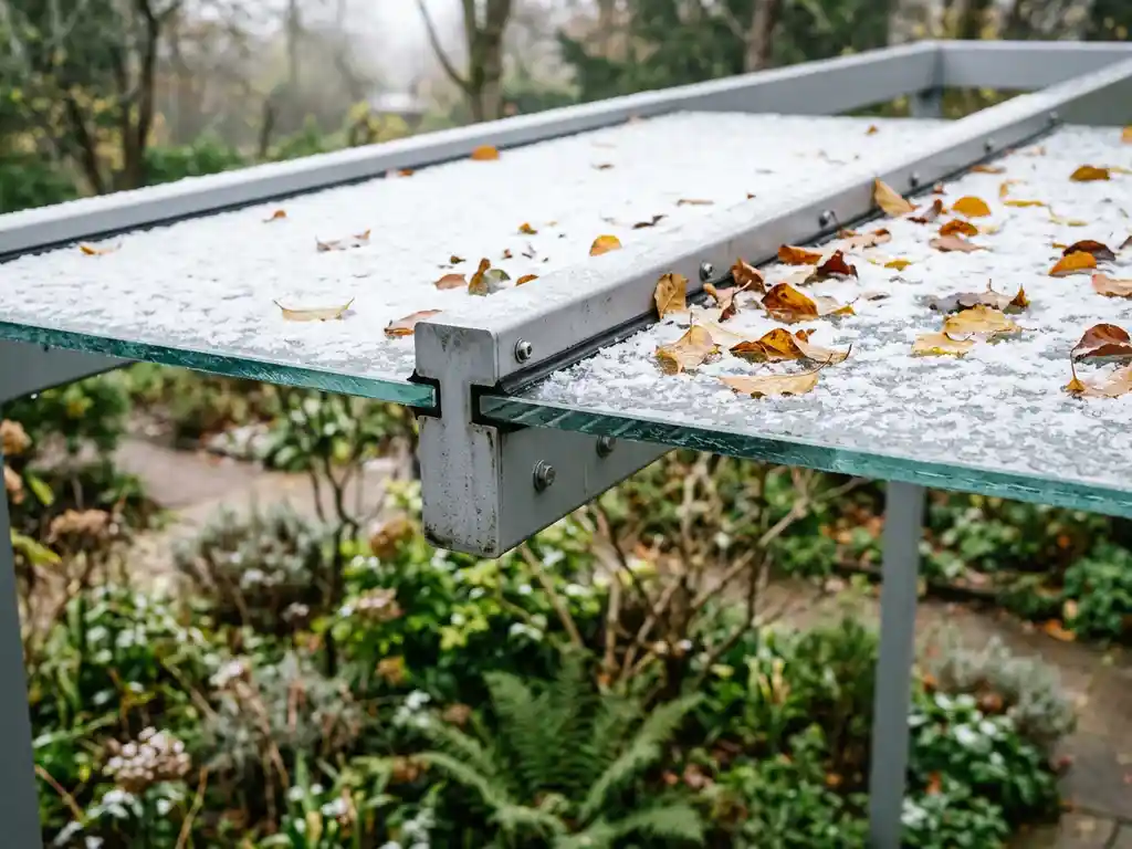 Gehard glazen dakpanelen van een aluminium pergola met lichte sneeuw en herfstbladeren, tuin zichtbaar door het glas.