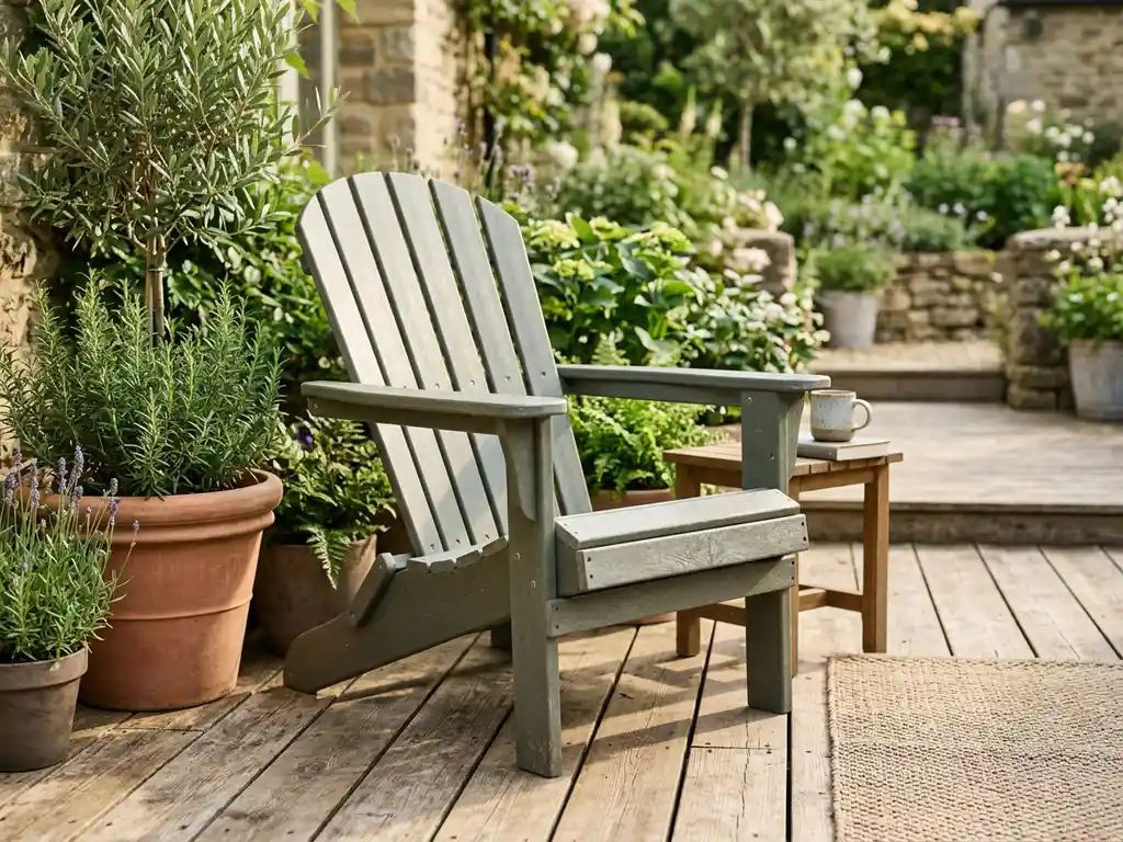Verweerde gerecyclede plastic tuinstoel in grijsgroen op een zonnig terras met houten vlonder en weelderige potplanten.