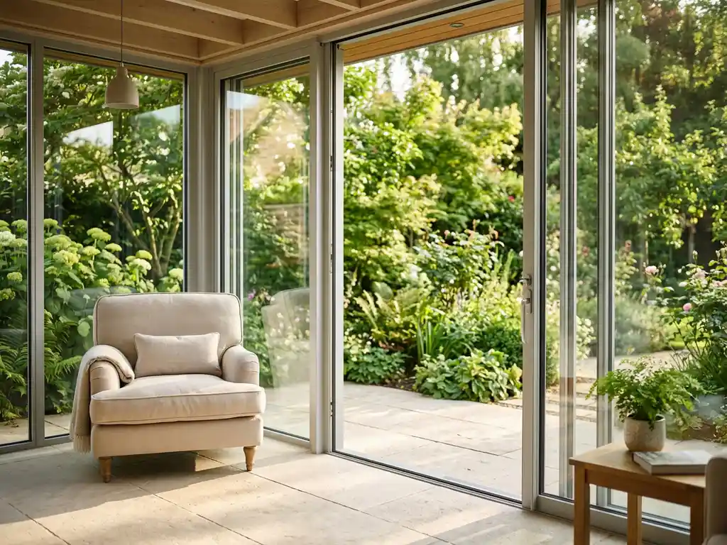 Lichte tuinkamer met aluminium schuifwanden van glas, comfortabele stoel op stenen vloer, weelderig groen zichtbaar buiten in middagzon.