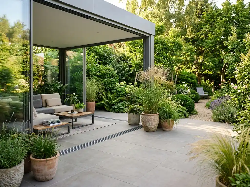Glazen schuifwand volledig geopend tussen aluminium tuinkamer en groene tuin, met doorgaande stenen terrastegels en siergras in warm middaglicht.