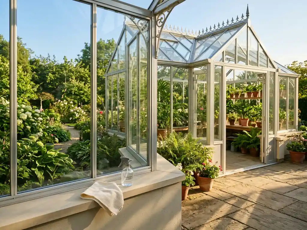Glazen serre met aluminium kozijnen op zonnig terras, schoonmaakdoek en spuitfles op vensterbank, weelderige tuin zichtbaar door smetteloze panelen.