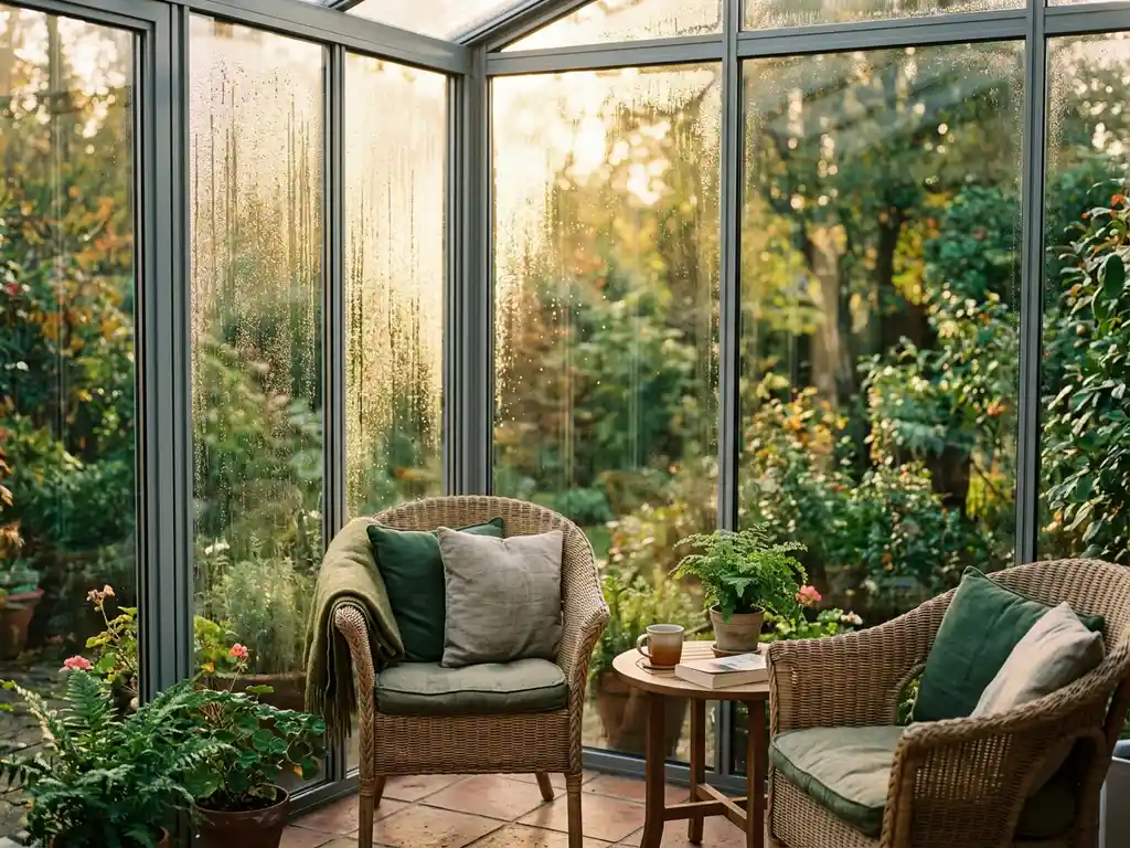 Glazen serre met dubbele beglazing en condensdruppels, warm middaglicht door aluminium kozijnen, groene tuin op de achtergrond.