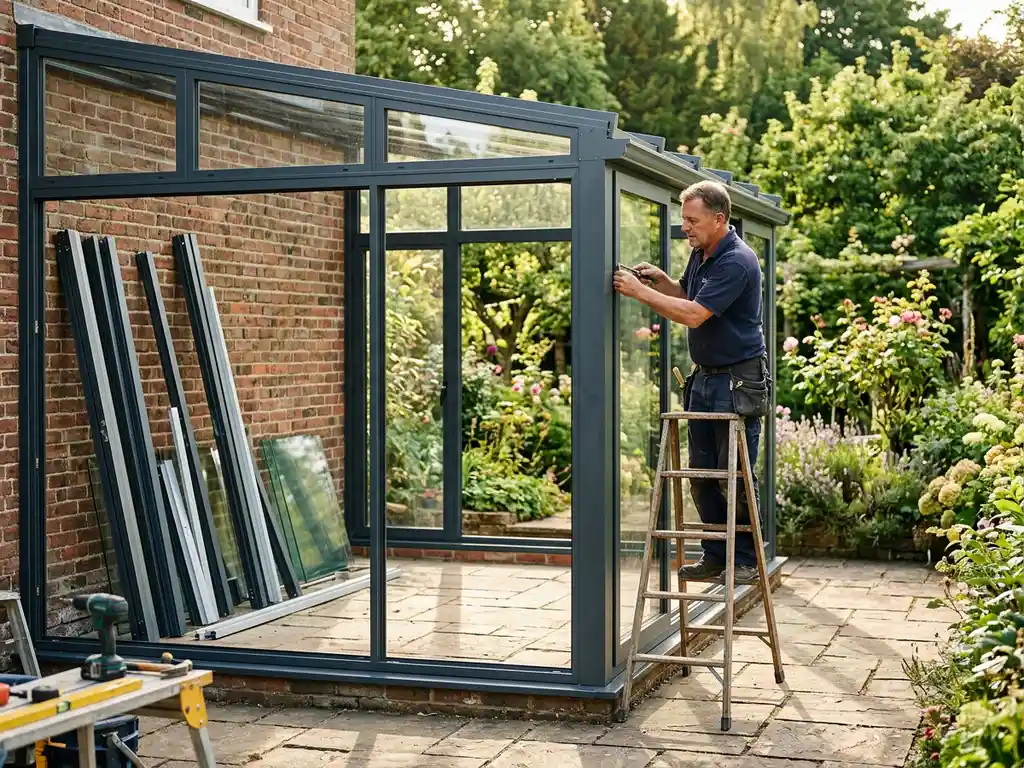 Vakman monteert glazen serre op zonnig tuinterras, aluminium framедelen tegen bakstenen muur, weelderige groene tuin op achtergrond.