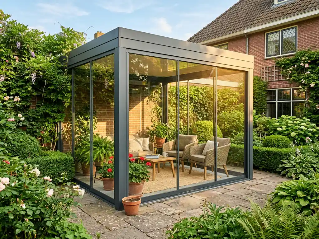 Glazen tuinkamer met aluminium kozijnen in een weelderige Nederlandse tuin, met terrasmeubelen en potplanten in warm middagzonlicht.