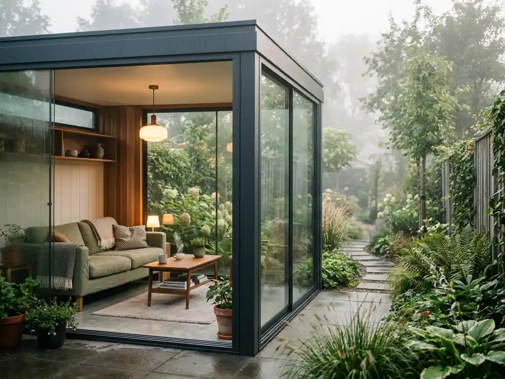 Glazen tuinkamer met aluminium kozijnen in een weelderige Nederlandse tuin, met gezellige zithoek zichtbaar door schuifpuien.