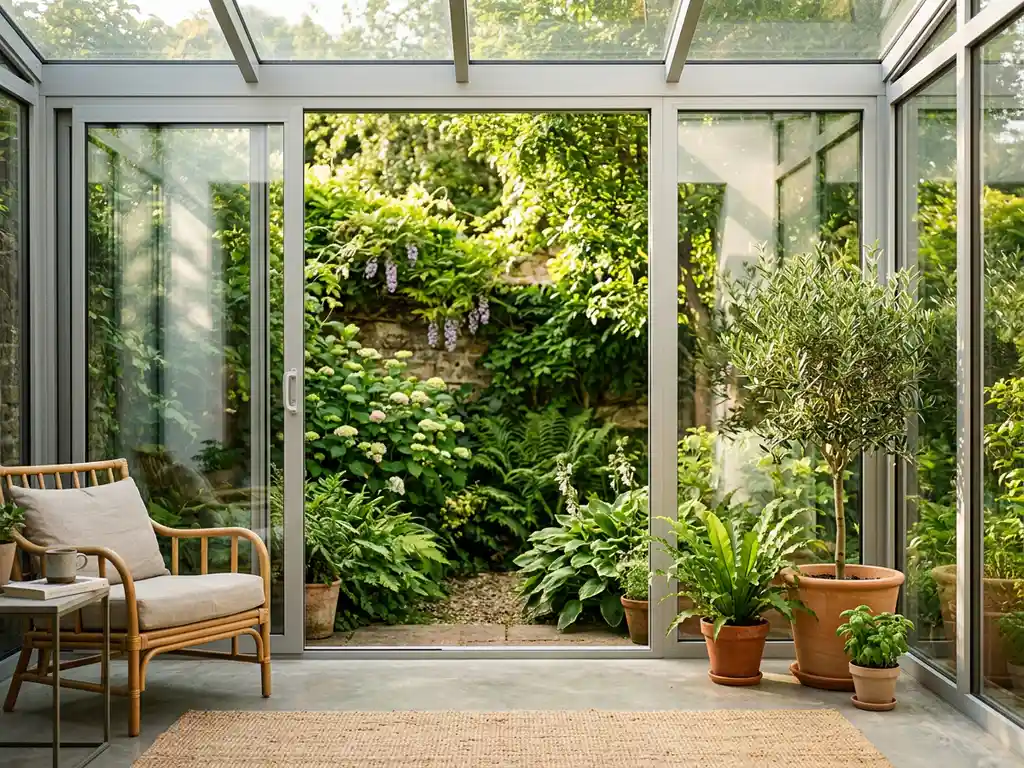 Aluminium tuinkamer met glazen schuifwanden in een Nederlandse tuin