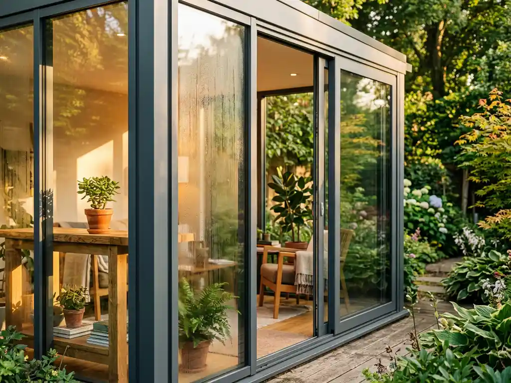 Glazen tuinkamer met aluminium kozijnen en vloer-tot-plafond schuifpuien, ingericht met potplant op houten plank in warm middaglicht.