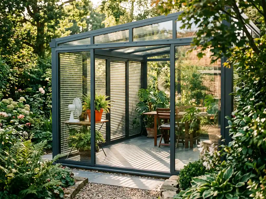 Serre met glazen schuifpui aan de tuinzijde