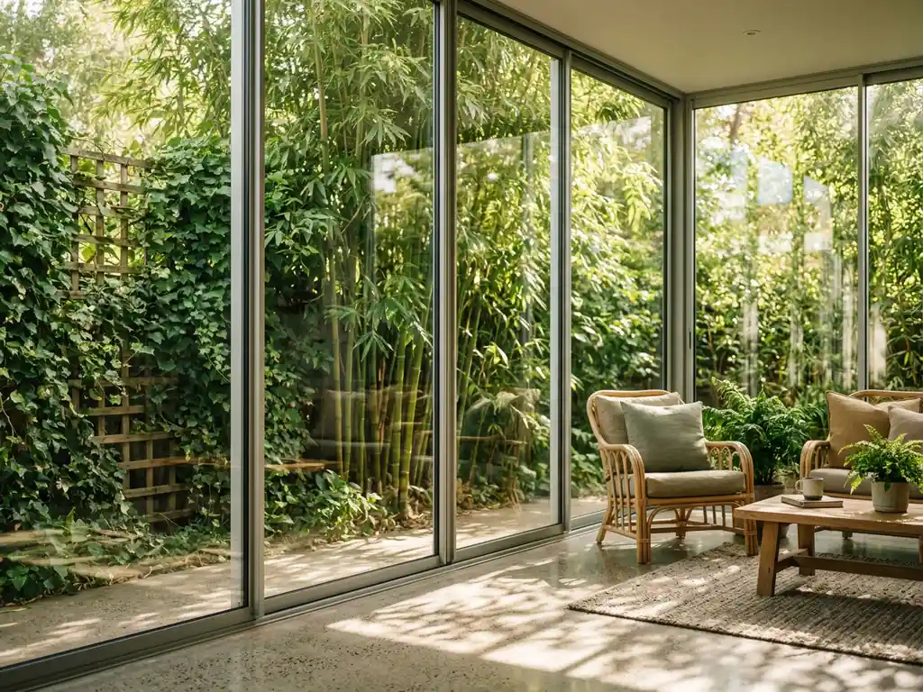 Glazen tuinkamer met aluminium schuifpanelen, omgeven door bamboeplanten en klimop, met goudkleurig zonlicht op betonnen vloer.