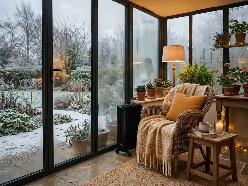Glazen tuinkamer met rieten stoel, wollen plaid en elektrische verwarming, met berijpte tuin zichtbaar door aluminium schuifpuien.