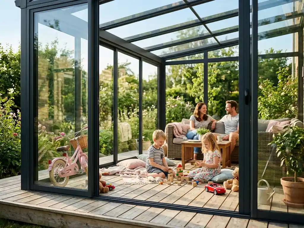 Glazen tuinkamer met aluminium frame en houten vlonder, kinderfiets en speelgoed, met zicht op groene tuin in middagzon.