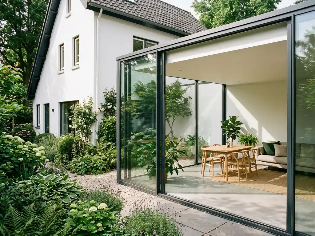 Compacte serre op een rijtjeshuis-tuin in een Nederlandse stad