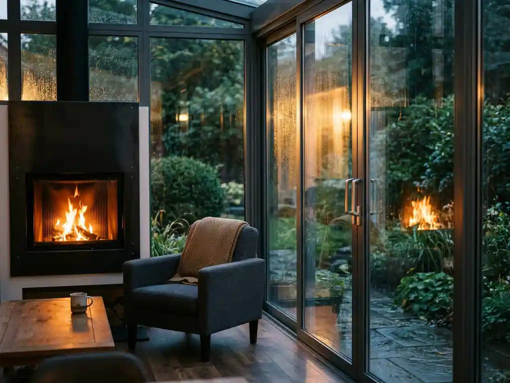 Glazen tuinkamer met moderne inbouwhaarden en aluminium schuifwanden, regendruppels op het glas, warme vlammenschijn bij avond.