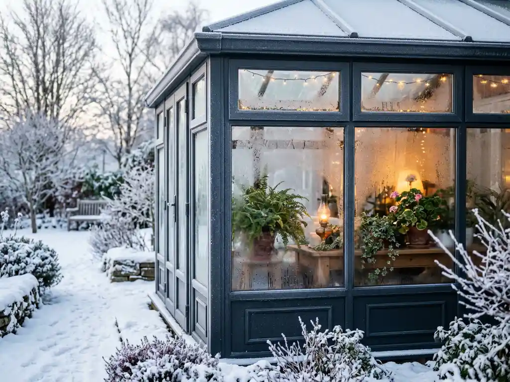 Bevroren tuinkamer met aluminium kozijnen en amberkleurig licht van binnen, omgeven door besneeuwde tuin op koude winterochtend.