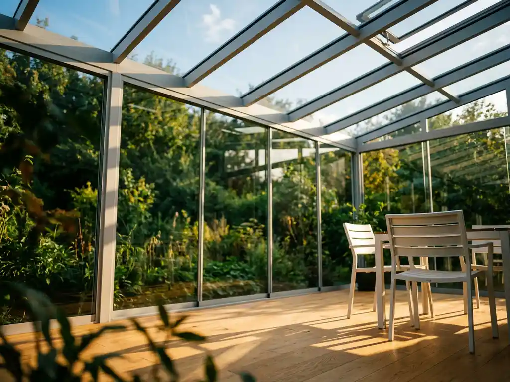 Zonlicht stroomt door aluminium glazen tuinkamerdak, warme stralen op licht houten vloer, weelderige groene tuin zichtbaar achter glaswanden.