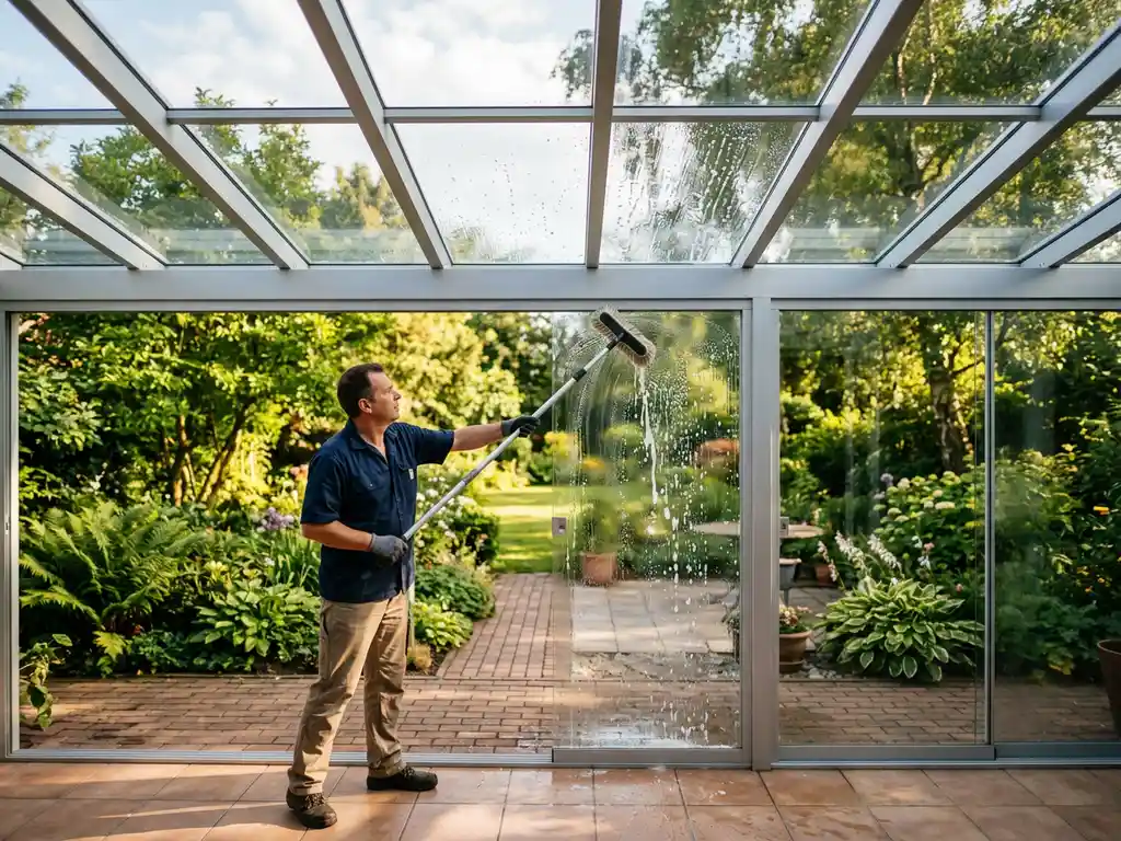 Persoon reinigt glazen terrasoverkapping met langstelige zachte borstel, zeepwater op transparante panelen, aluminium frame en groene tuin zichtbaar.