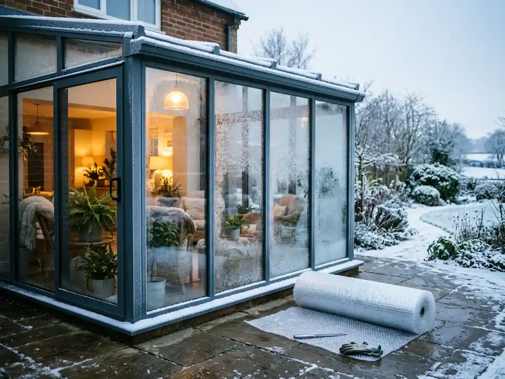 Glazen veranda met aluminiumframe bedekt met lichte sneeuw, warme ambergloed van binnenuit contrasteert met de ijsblauwe wintertuin.